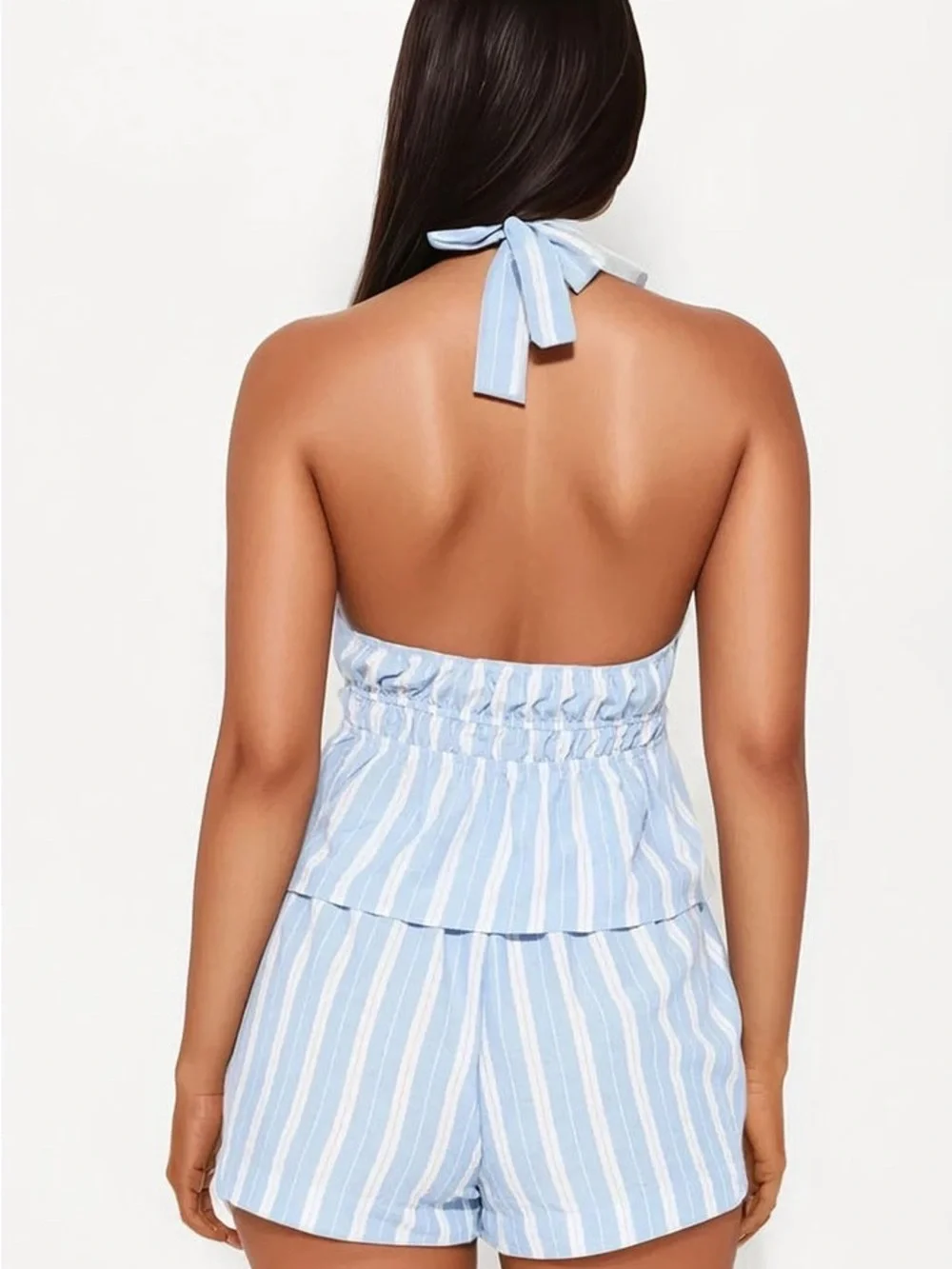 Light Blue & White Striped Halter Tie-Front Top With Matching Shorts - Set